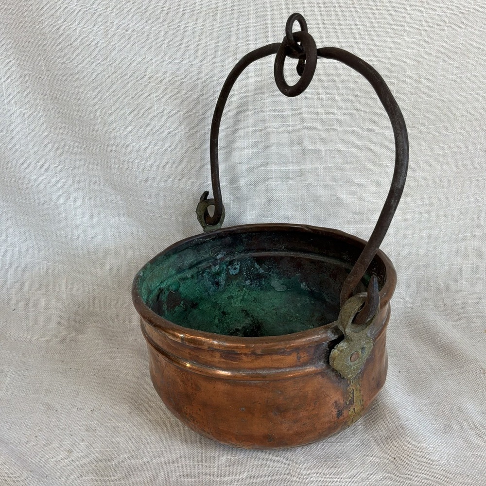 Antique Hand-Hammered Copper Cauldron w/ Wrought Iron Bail Handle 8" Hearth Pot